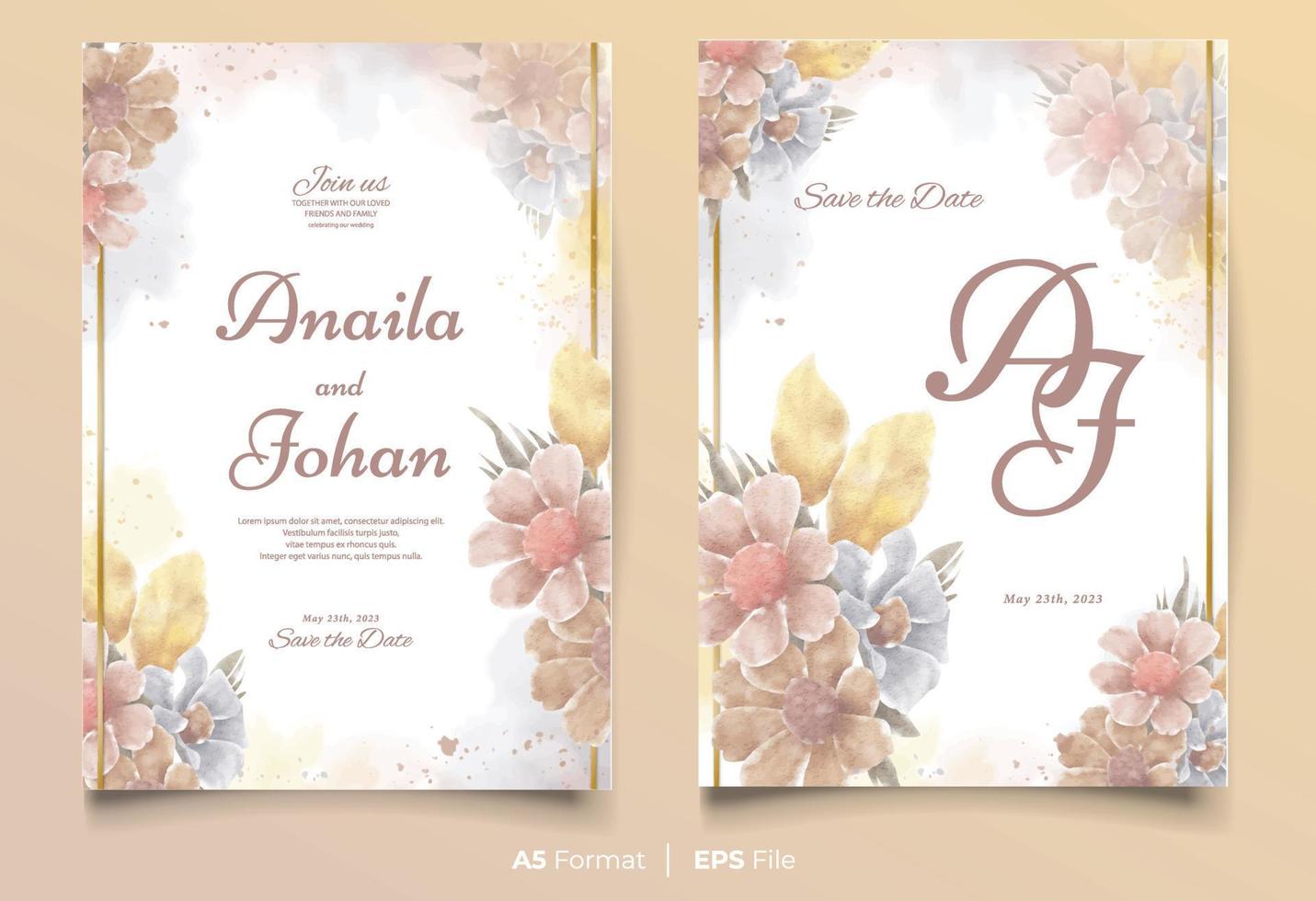 plantilla de invitación de boda de acuarela con adorno de flores de colores vector