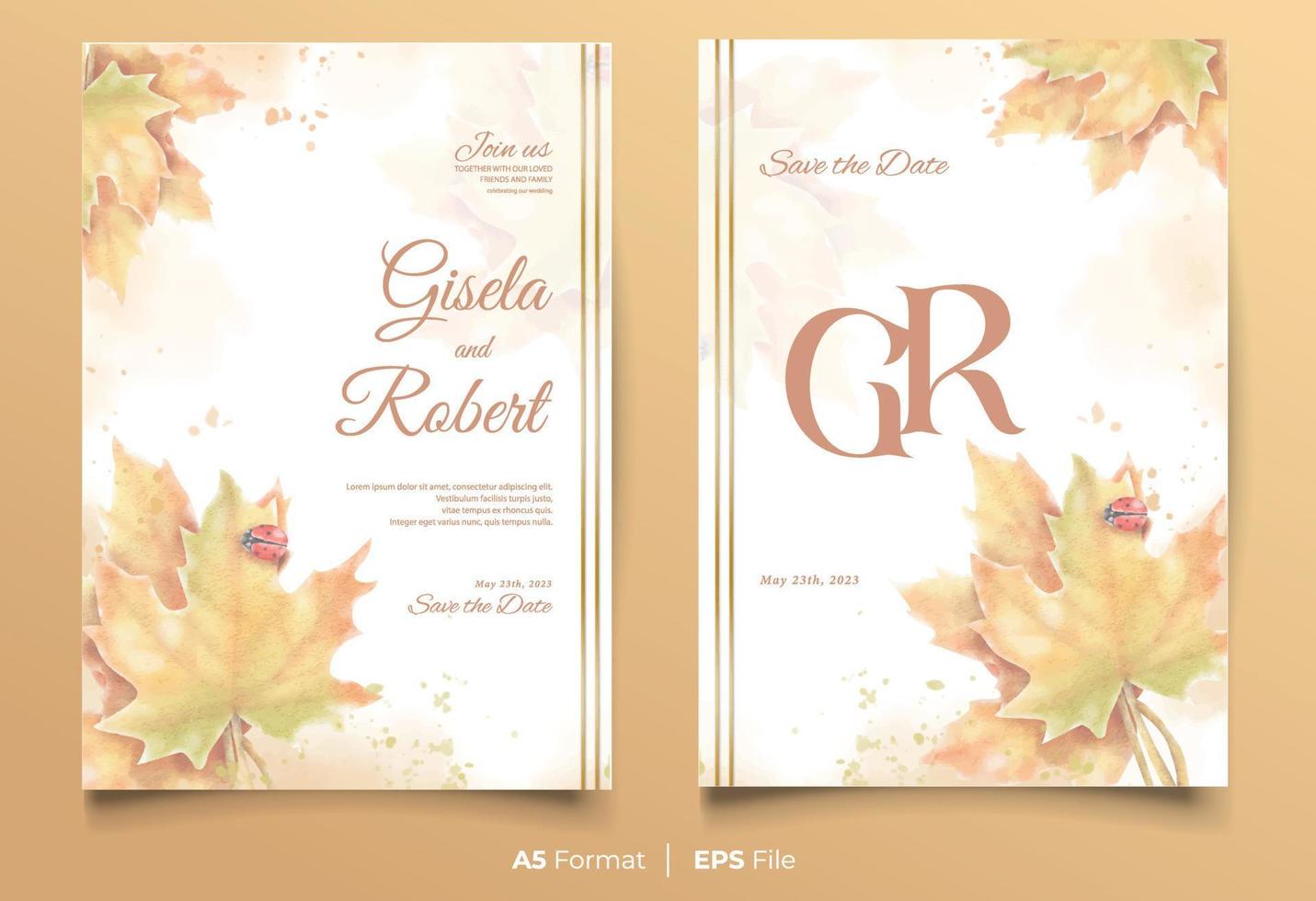 watercolor wedding invitation template with rustic leaf ornament vector