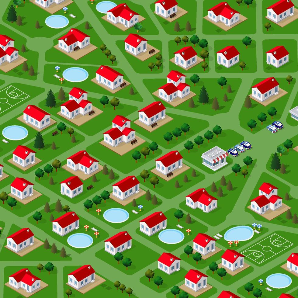 A glance at the isometric 3D illustration view of a cottage townhouse bungalow, residential, villa village from above vector