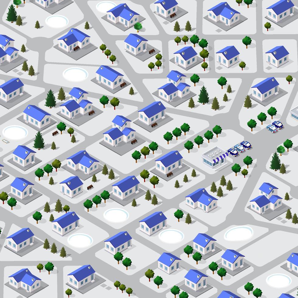 A glance at the isometric 3D illustration view of a cottage townhouse bungalow, residential, villa village from above vector