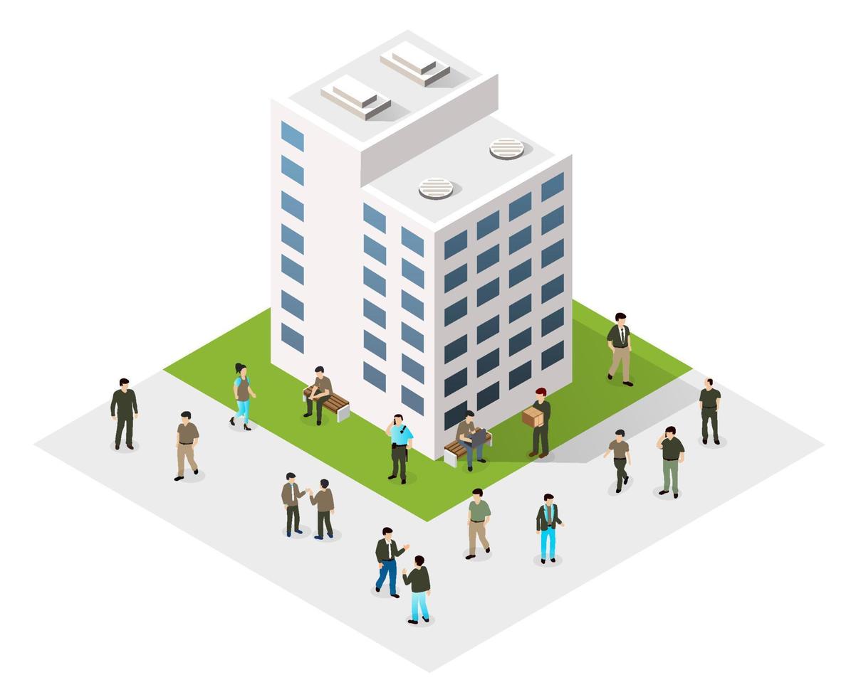 Isometric 3D illustration of the city quarter with houses, streets, people, cars. Stock illustration for the design and gaming industry. vector