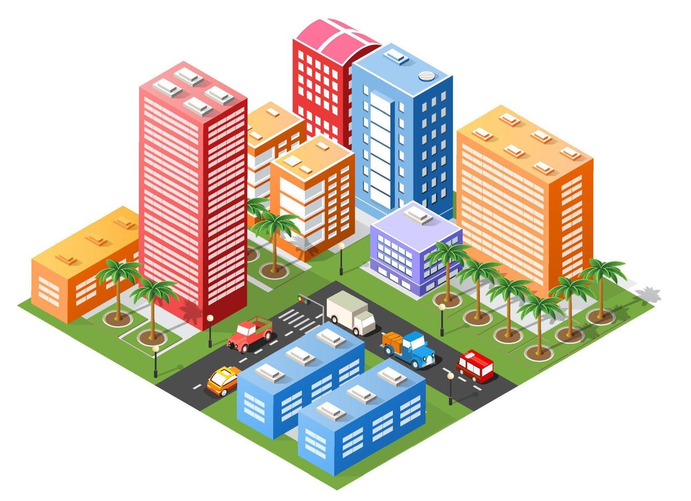 ilustración 3d isométrica área urbana de la ciudad con muchas casas y rascacielos, calles, árboles y vehículos vector