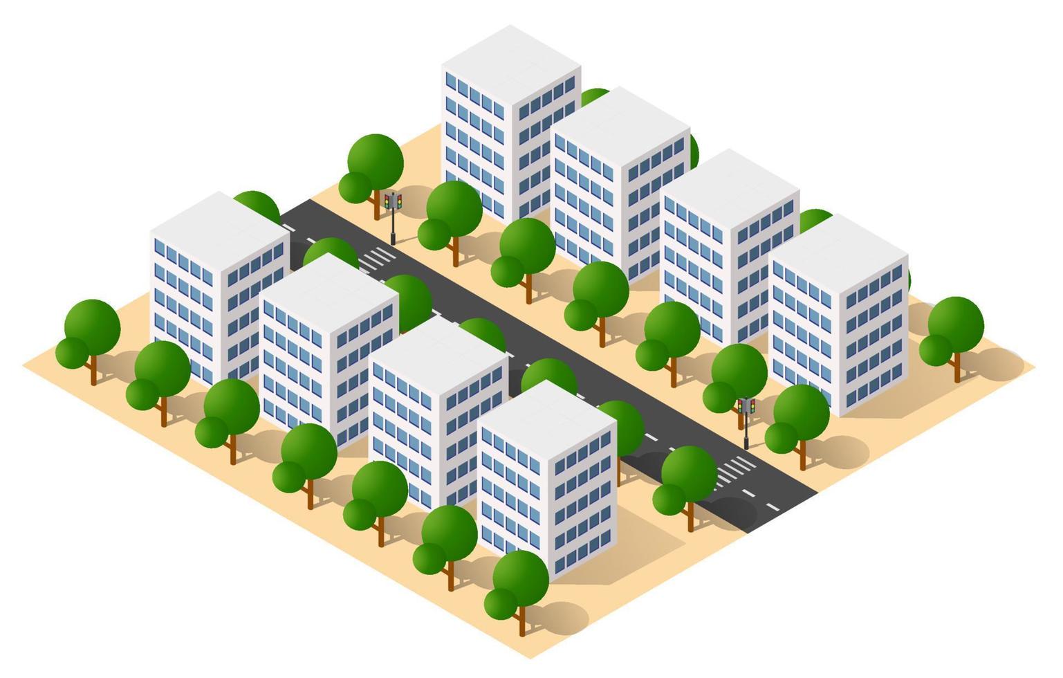 ilustración 3d isométrica área urbana de la ciudad con muchas casas y rascacielos, calles, árboles y vehículos vector