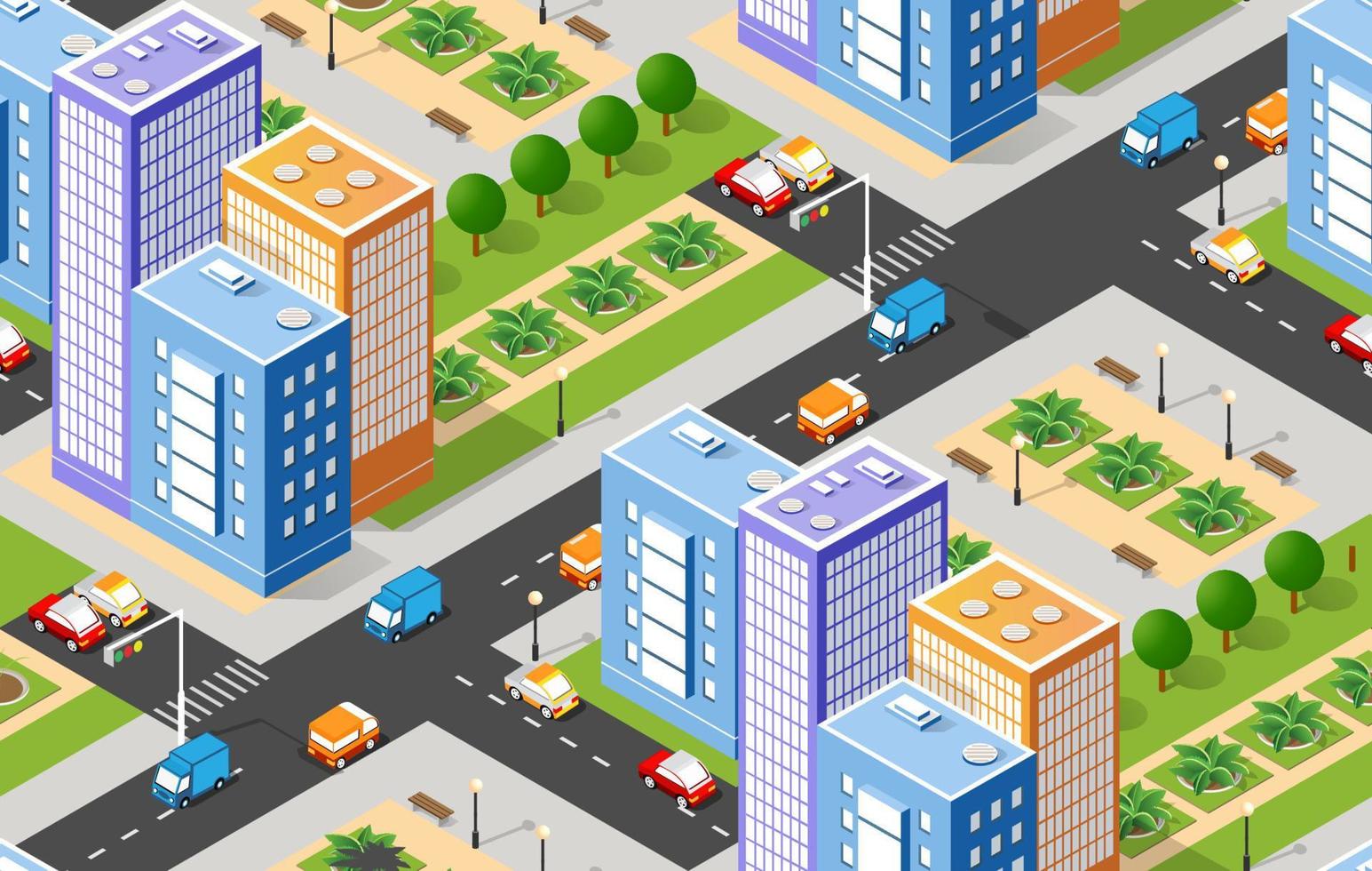 Isometric 3D illustration city urban area with a lot of houses and skyscrapers, streets, trees and vehicles vector