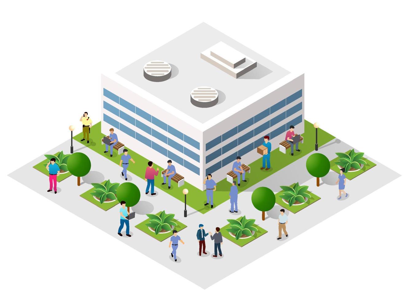 Isometric 3D illustration city urban area with a lot of houses and skyscrapers, streets, trees and vehicles vector