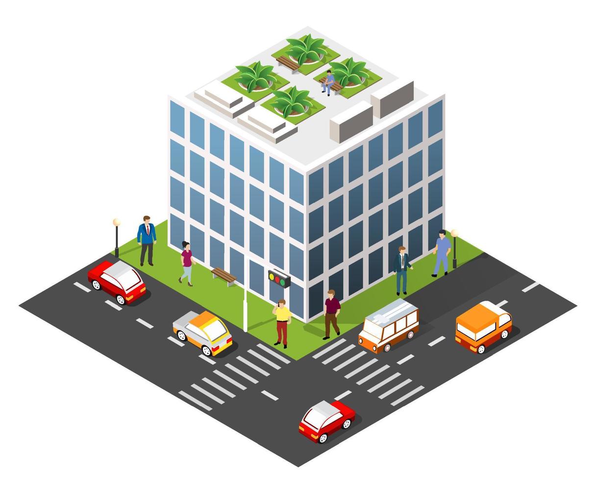 Isometric 3D illustration city urban area with a lot of houses and skyscrapers, streets, trees and vehicles vector