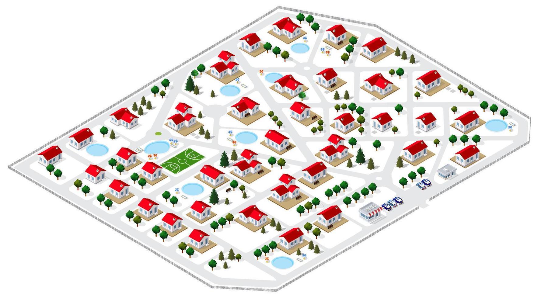 un vistazo a la vista de ilustración 3d isométrica de un bungalow de casa de campo, residencial, pueblo de villa desde arriba vector