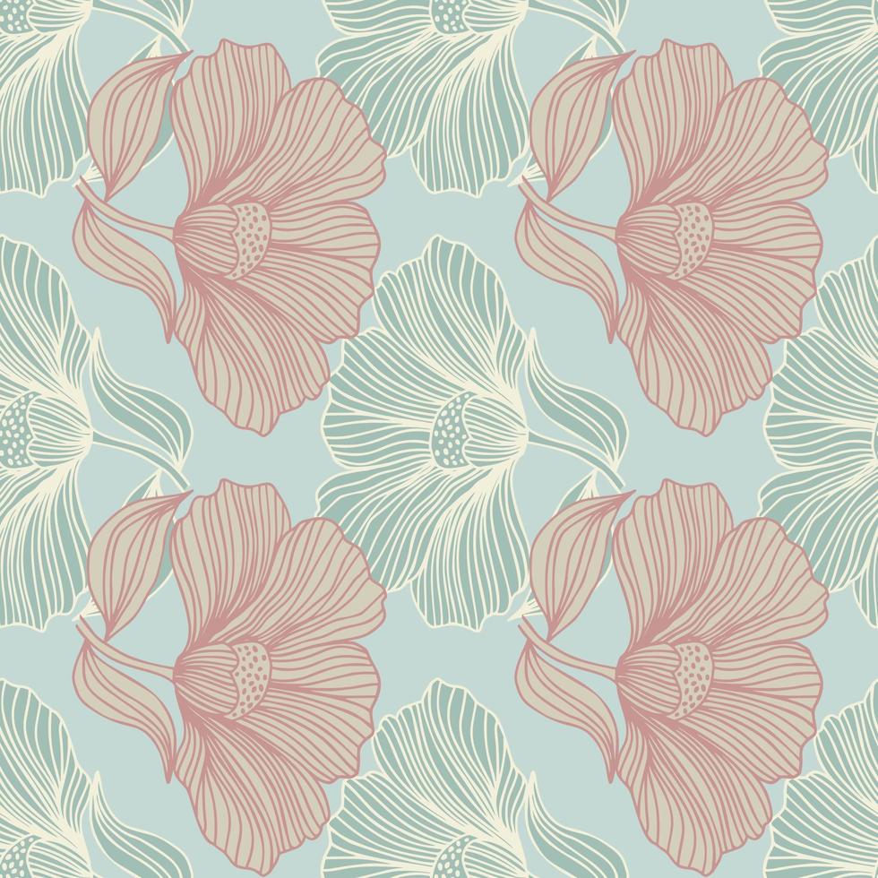 Abstract floral line seamless pattern in retro style. Delicate vintage outline flower endless background. vector