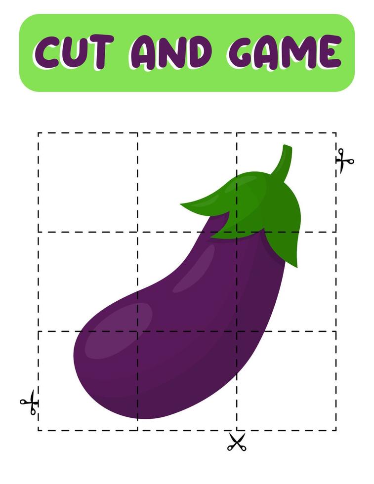 Cut and glue eggplant. Educational children game, printable worksheet.Puzzles with aubergine. vector