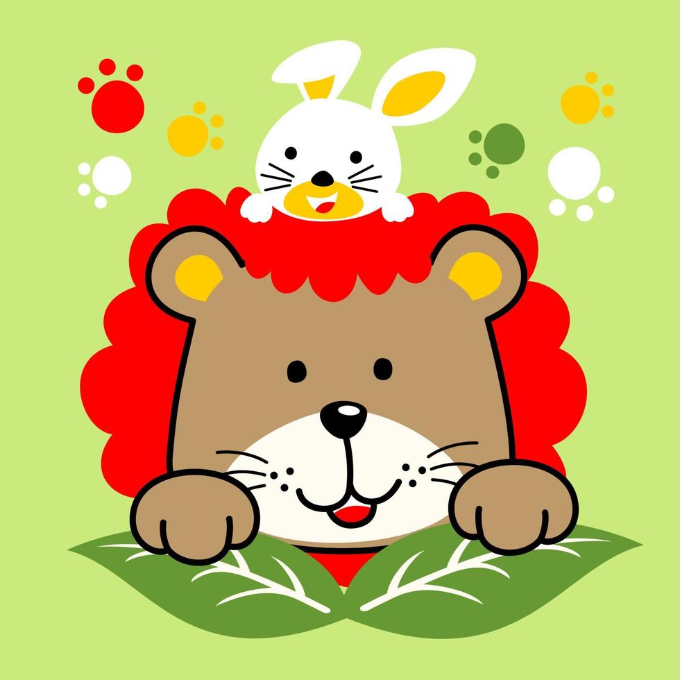 Cute lion with a bunny in peekaboo game, vector cartoon illustration