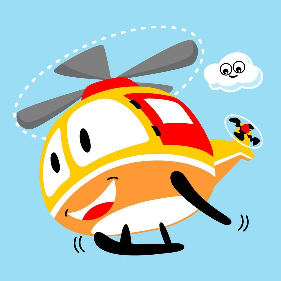 Funny helicopters flying in the sky with cloud, vector cartoon illustration