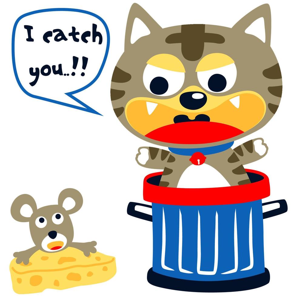 Little cat in trash can with mouse carrying cheese, vector cartoon illustration