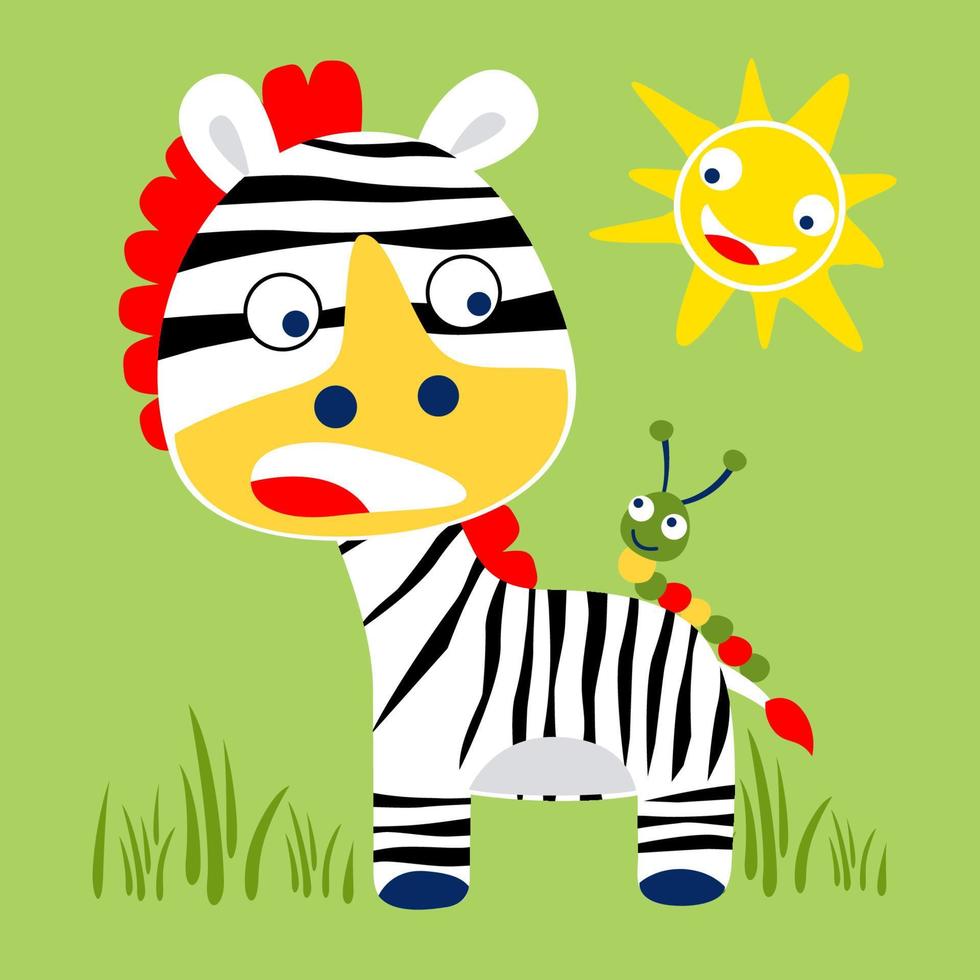 Little zebra fearing with a caterpillar, smiling sun vector