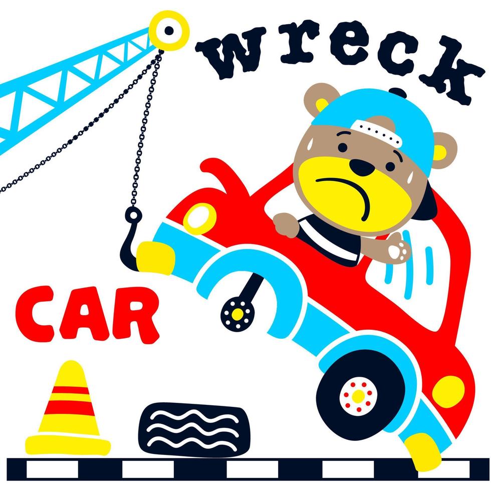 Bear on car towed because of an accident on the road, vector cartoon illustration