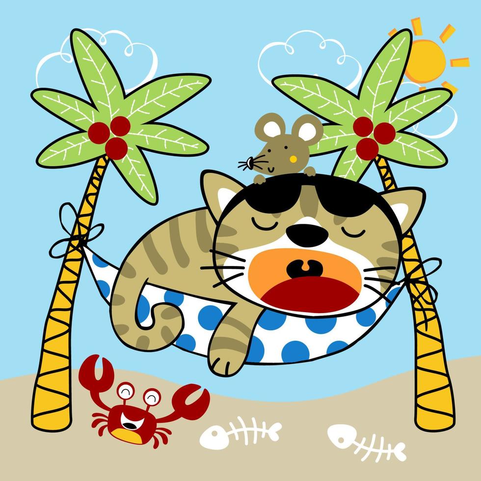 Funny cat with mouse on hummock at summer holiday in the beach, crab and fish bone, vector cartoon illustration