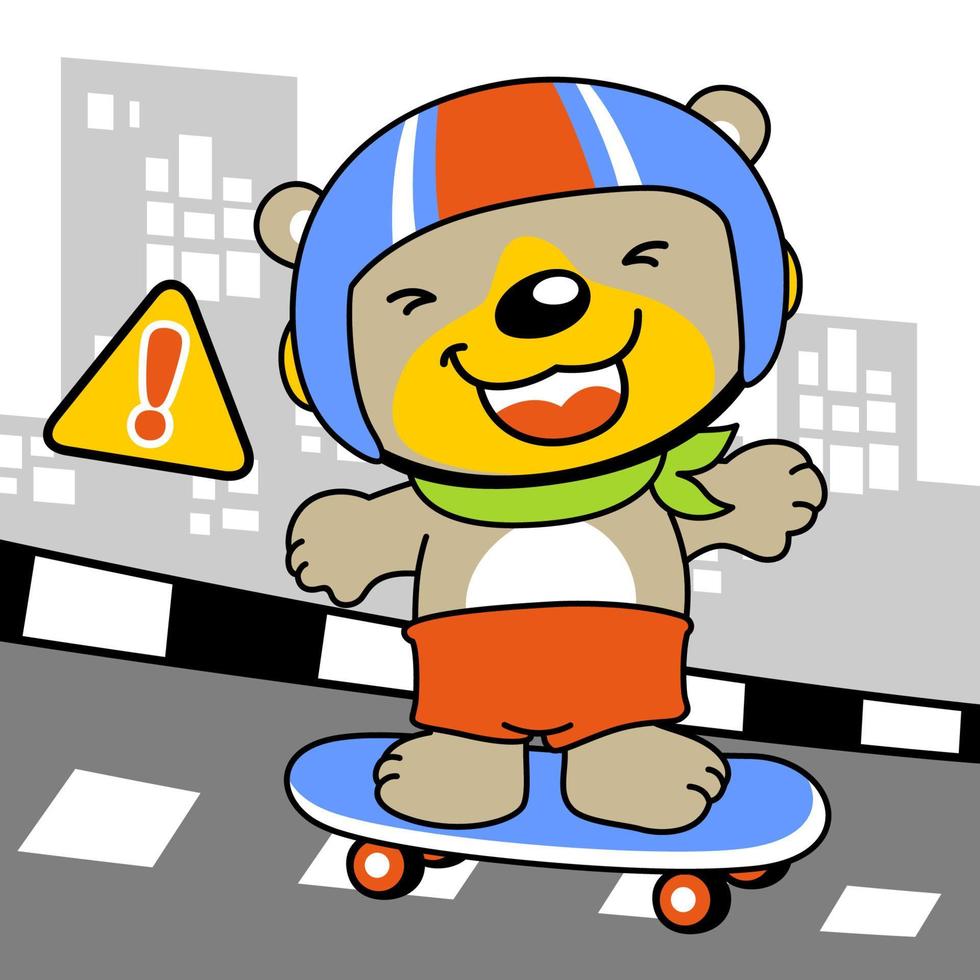 lindo oso jugando patineta en el camino en el fondo de los edificios, ilustración de dibujos animados vectoriales vector