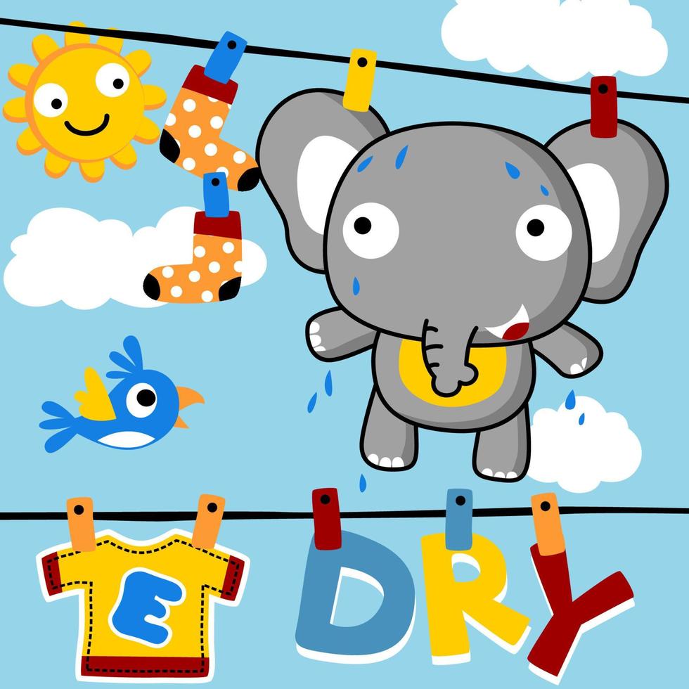 Drying clothes, cute elephant in clothesline with little bird, vector cartoon illustration