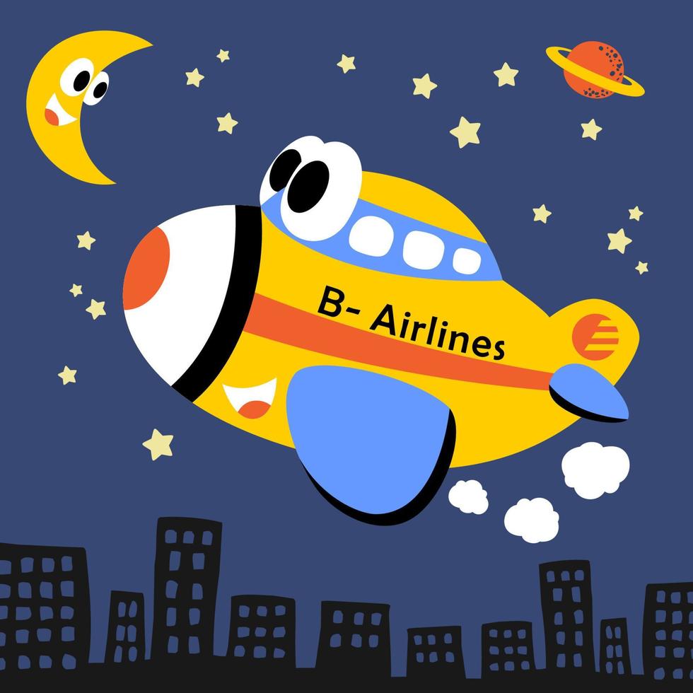 Funny airplane flying across buildings at night, vector cartoon illustration