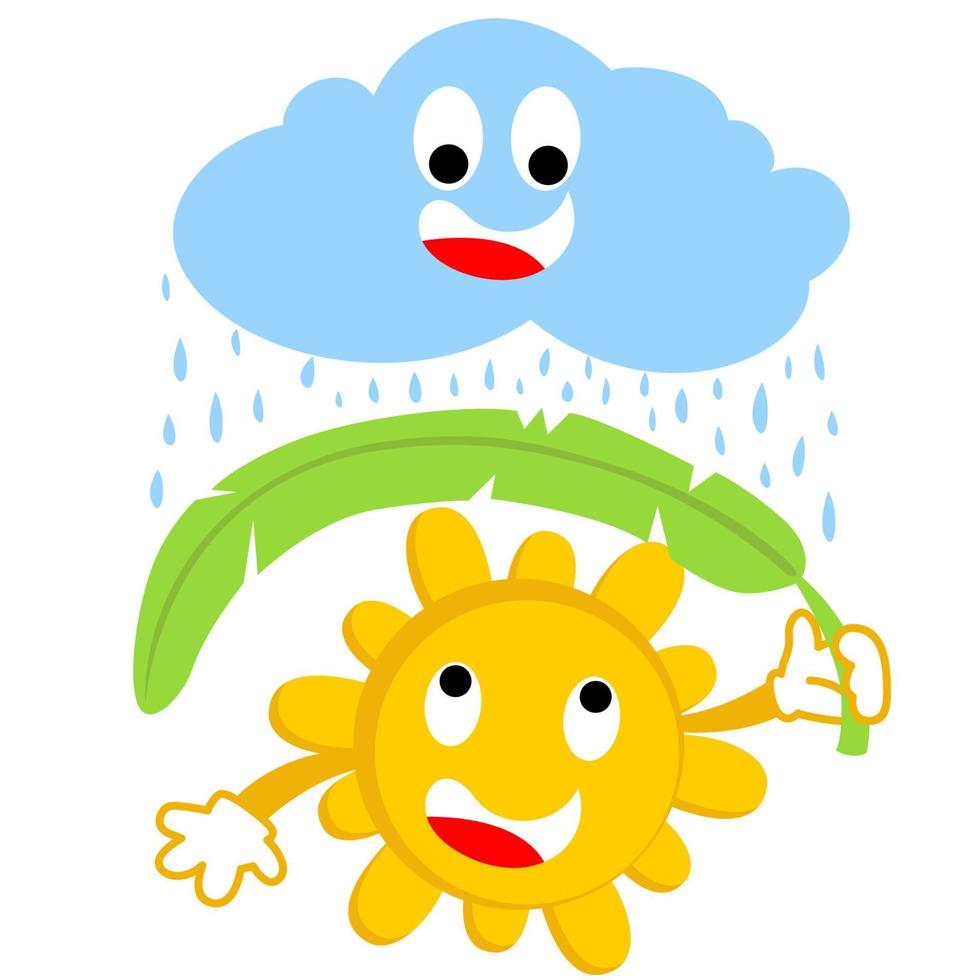 Smiling sun take shelter from rain using banana leaf, rainy season with funny cloud, vector cartoon illustration