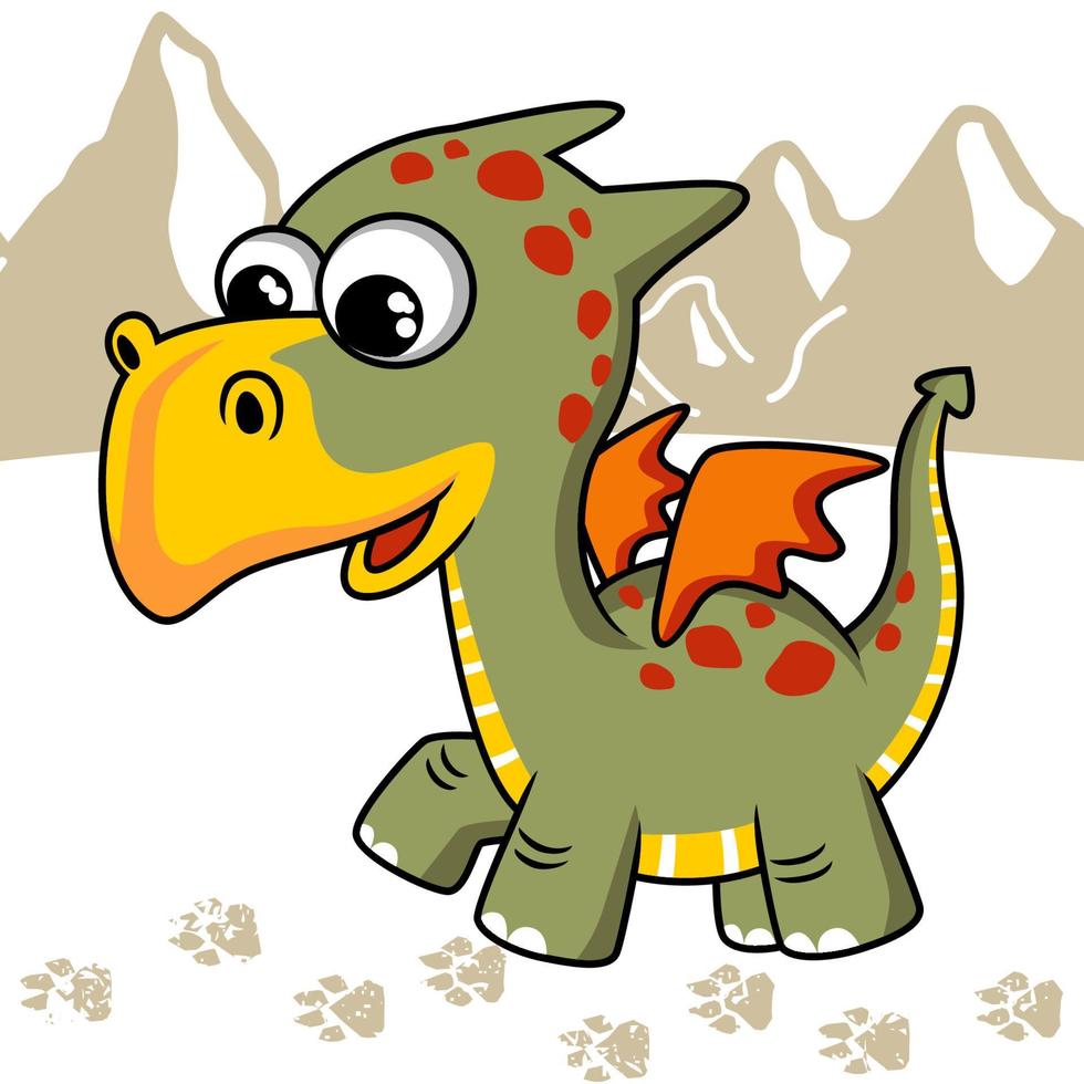 Little dragon on mountains background, vector cartoon illustration