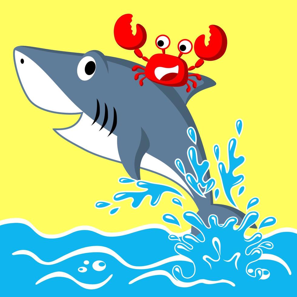 Funny crab riding shark, vector cartoon illustration
