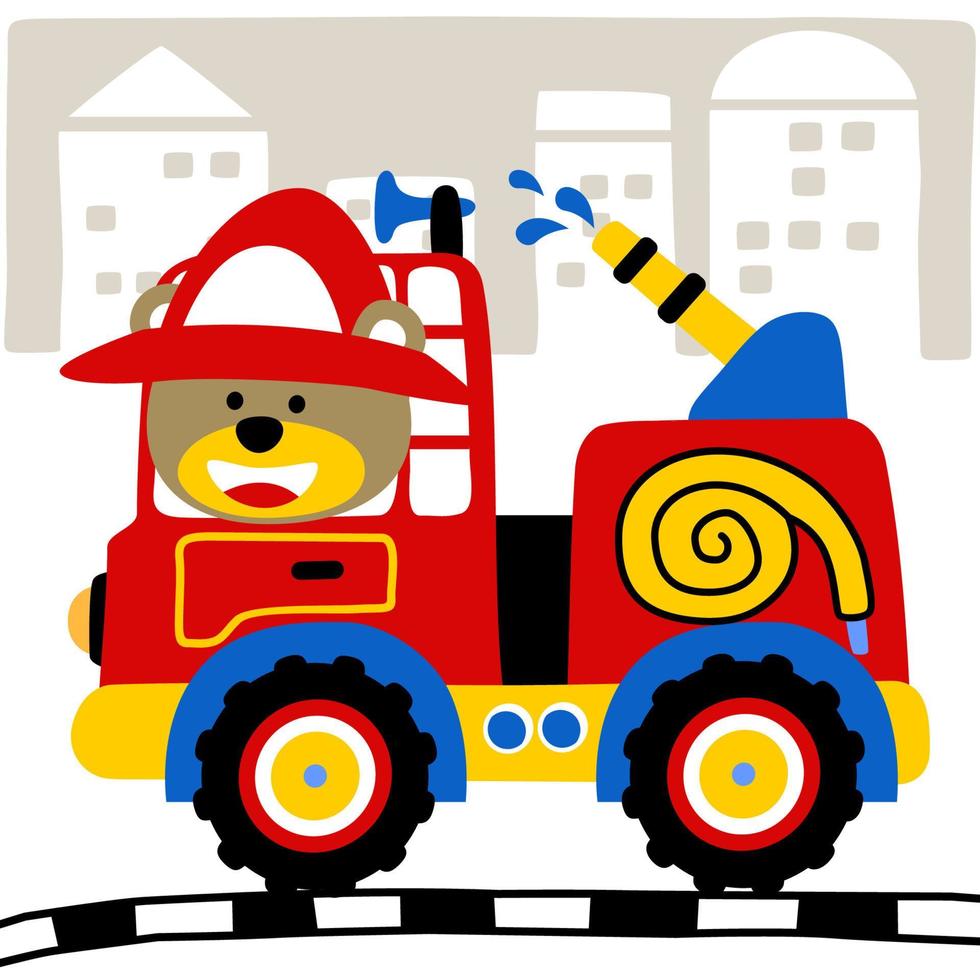 Cute bear wearing fireman helmet driving firetruck on buildings background, vector cartoon illustration