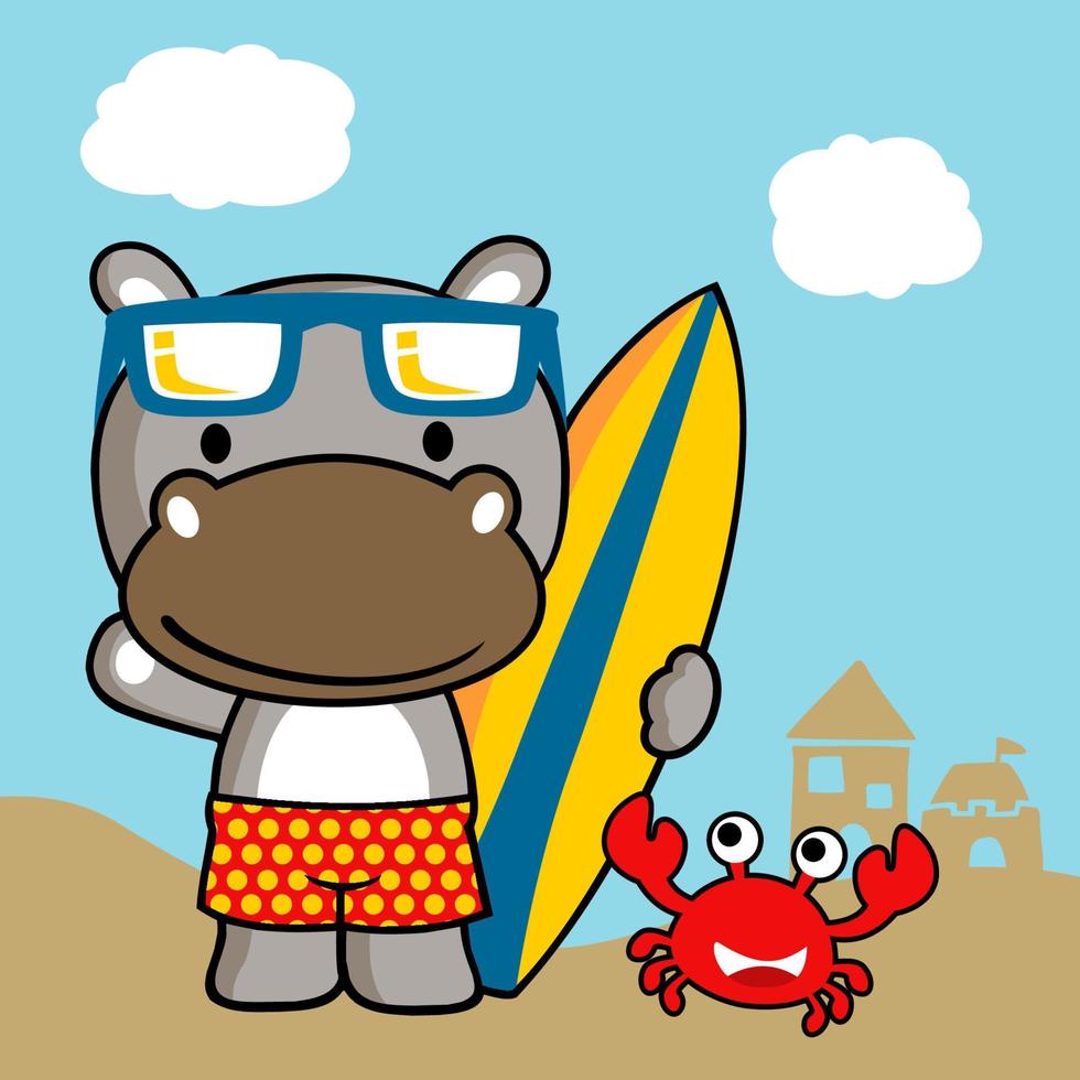 rhino and crab with surfboard in the beach, vector cartoon illustration