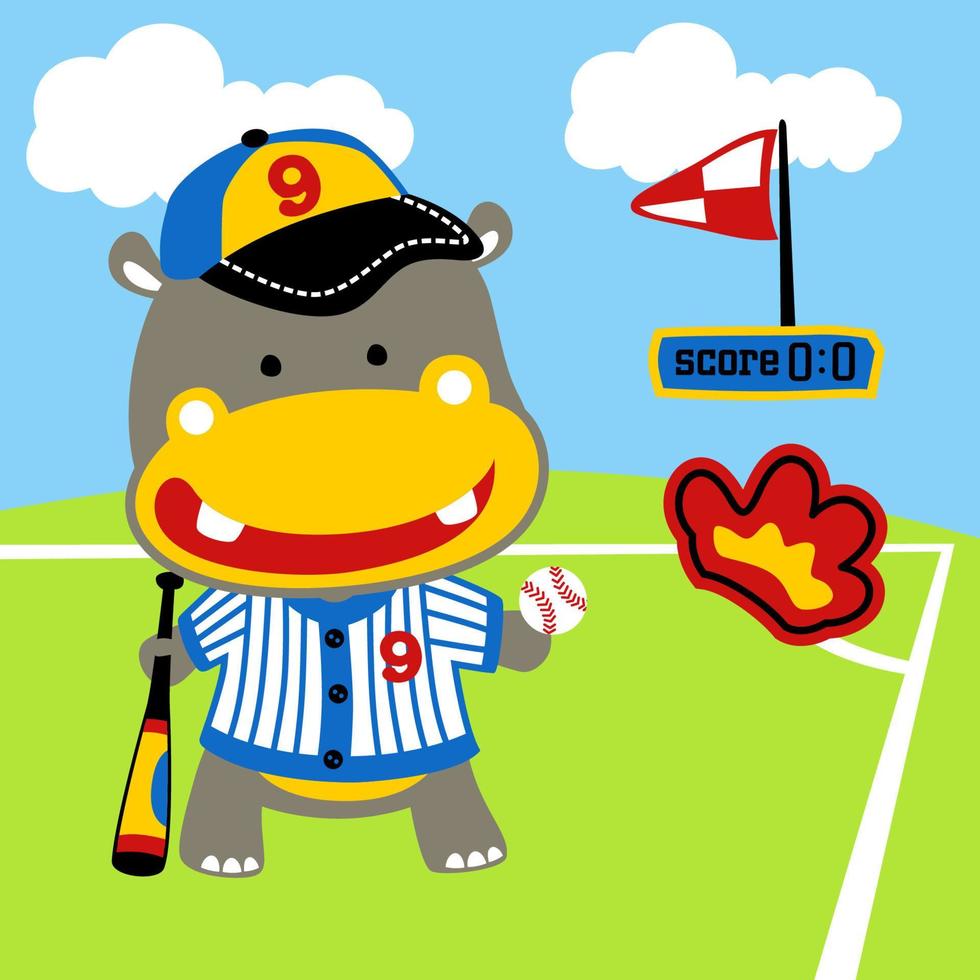 Cute hippo in baseball player costume with baseball elements, vector cartoon illustration