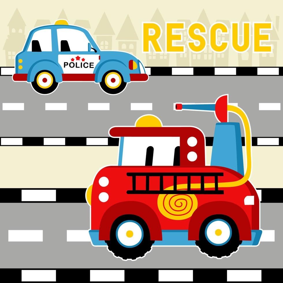 Rescue vehicle team in city road, vector cartoon illustration