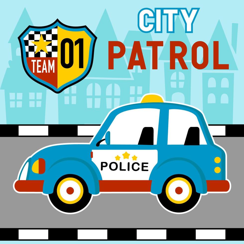 police car in city road on buildings background, vector cartoon illustration