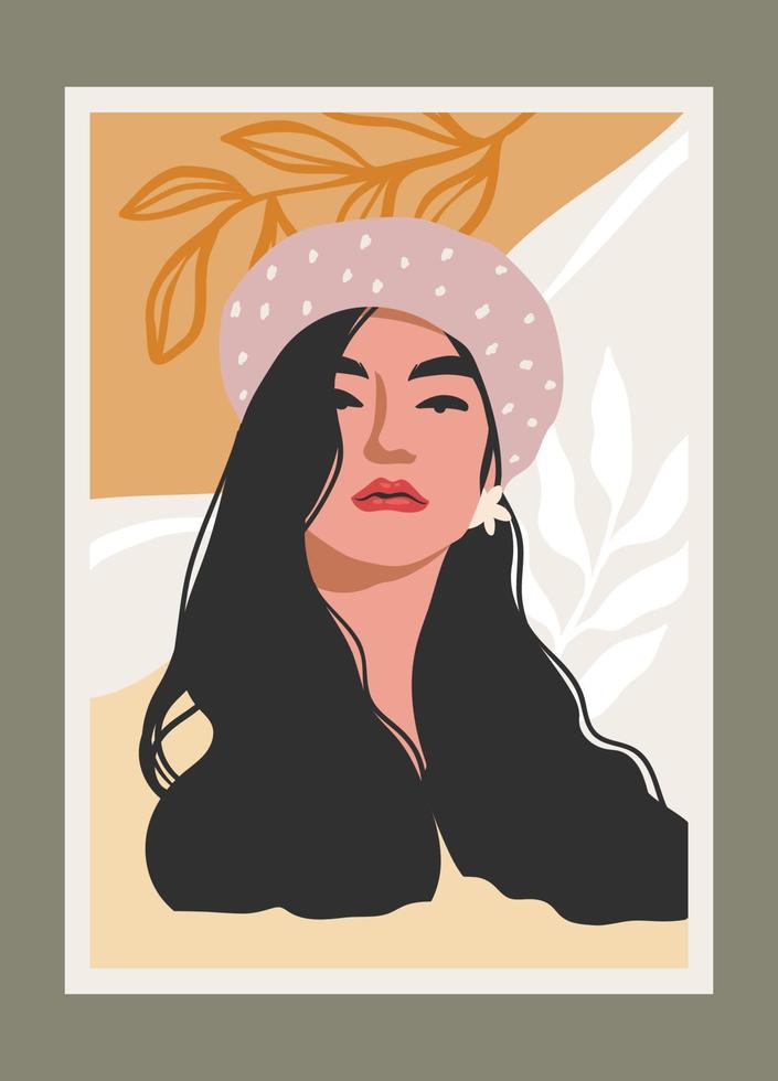 Beautiful portrait of woman in burnet, abstract illustration, art vector