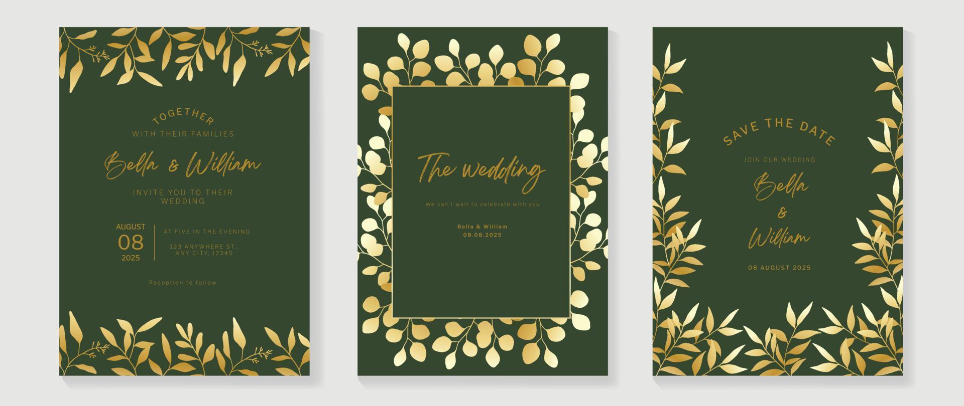 Luxury wedding invitation card background vector. Golden texture botanical floral leaf branch with geometric frame line art template. Design illustration for wedding and vip cover template, banner. vector