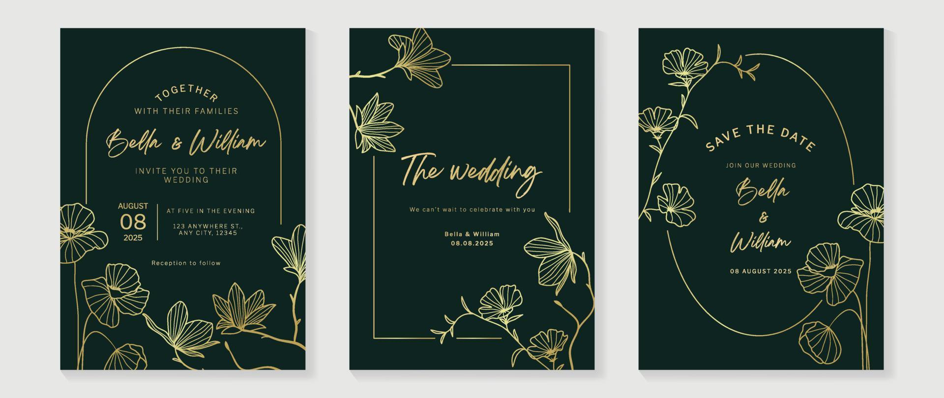 Luxury wedding invitation card background vector. Golden texture botanical flower leaf branch line art with geometric frame template. Design illustration for wedding and vip cover template, banner. vector