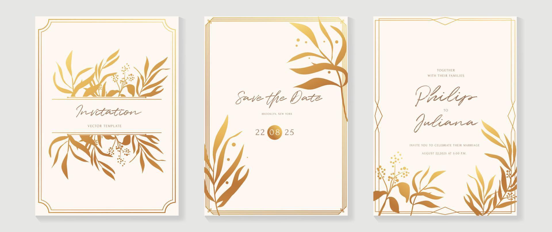 Luxury wedding invitation card background vector. Golden texture botanical floral leaf branch with geometric frame line art template. Design illustration for wedding and vip cover template, banner. vector