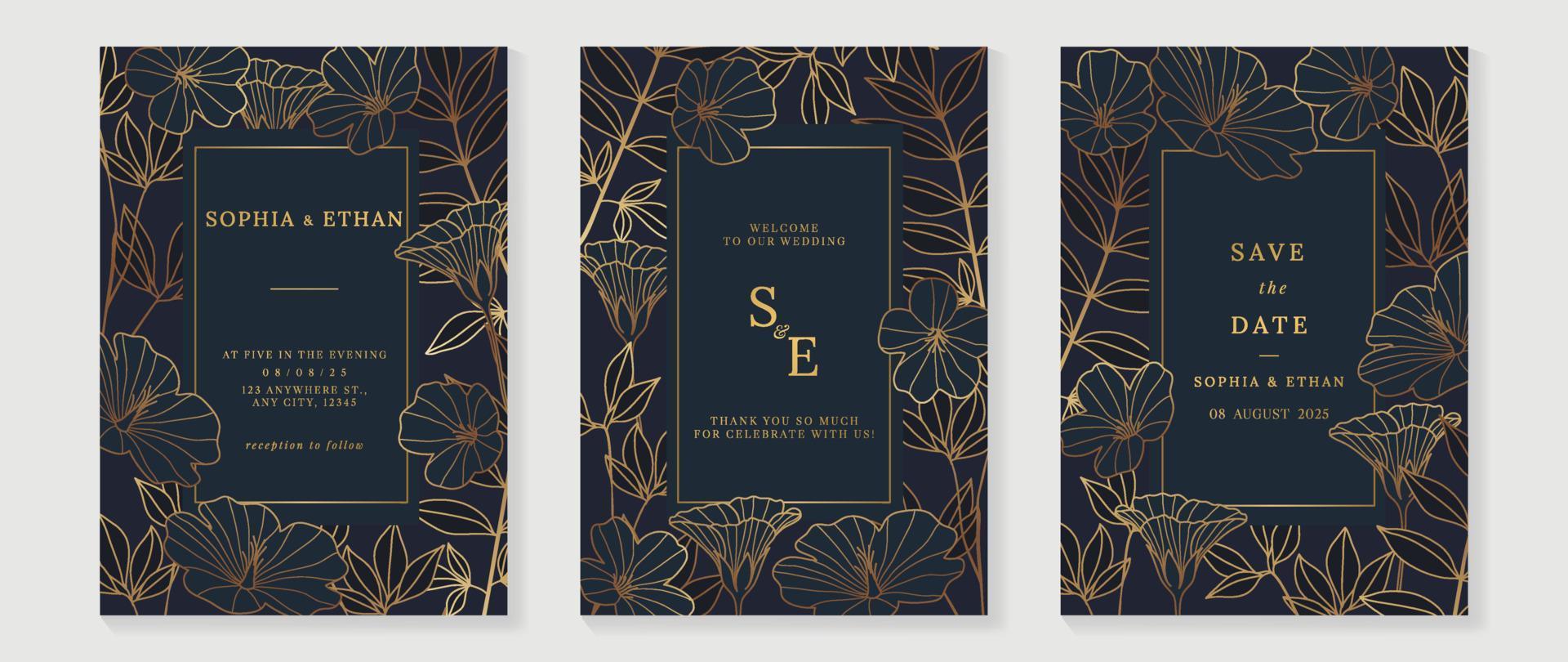 Luxury wedding invitation card background vector. Gradient gold texture botanical flower leaf branch line art template background. Design illustration for wedding and vip cover template, banner. vector