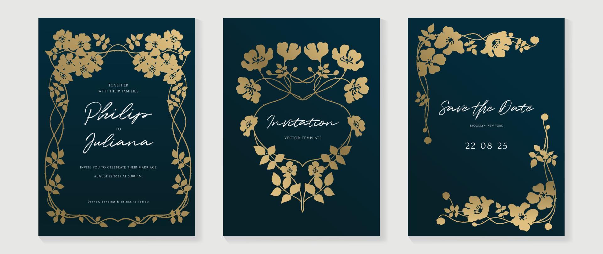 Luxury wedding invitation card background vector. Gold texture botanical flower leaf branch line art pattern frame template background. Design illustration for wedding and vip cover template, banner. vector