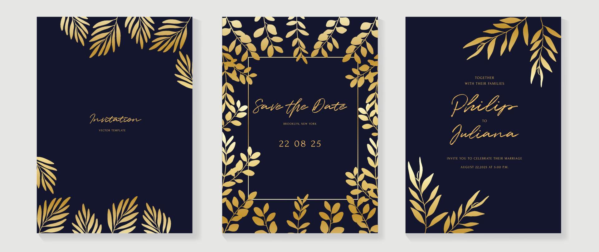 Luxury wedding invitation card background vector. Golden texture botanical floral leaf branch with geometric frame line art template. Design illustration for wedding and vip cover template, banner. vector