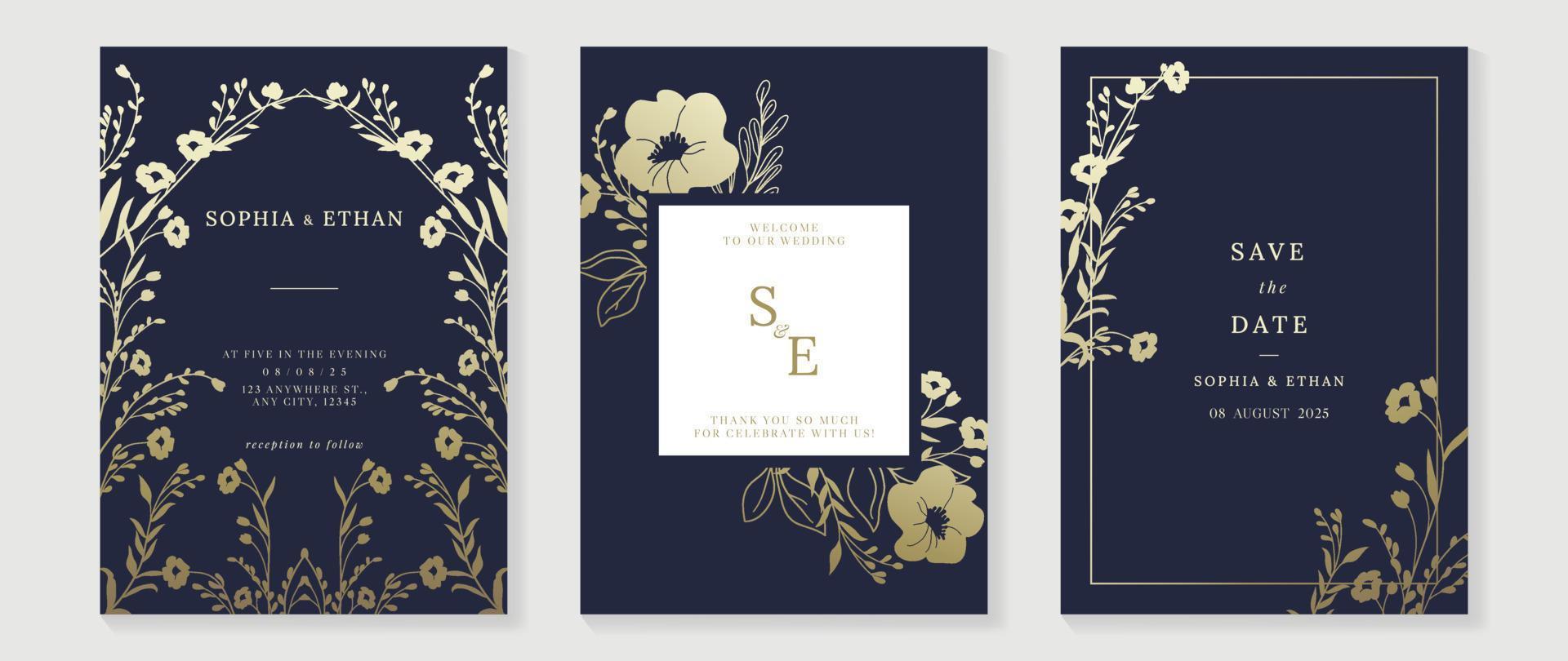 vector de fondo de tarjeta de invitación de boda de lujo. rama de hoja de flor botánica de textura dorada con fondo de plantilla de marco geométrico. ilustración de diseño para boda y plantilla de portada vip, banner.