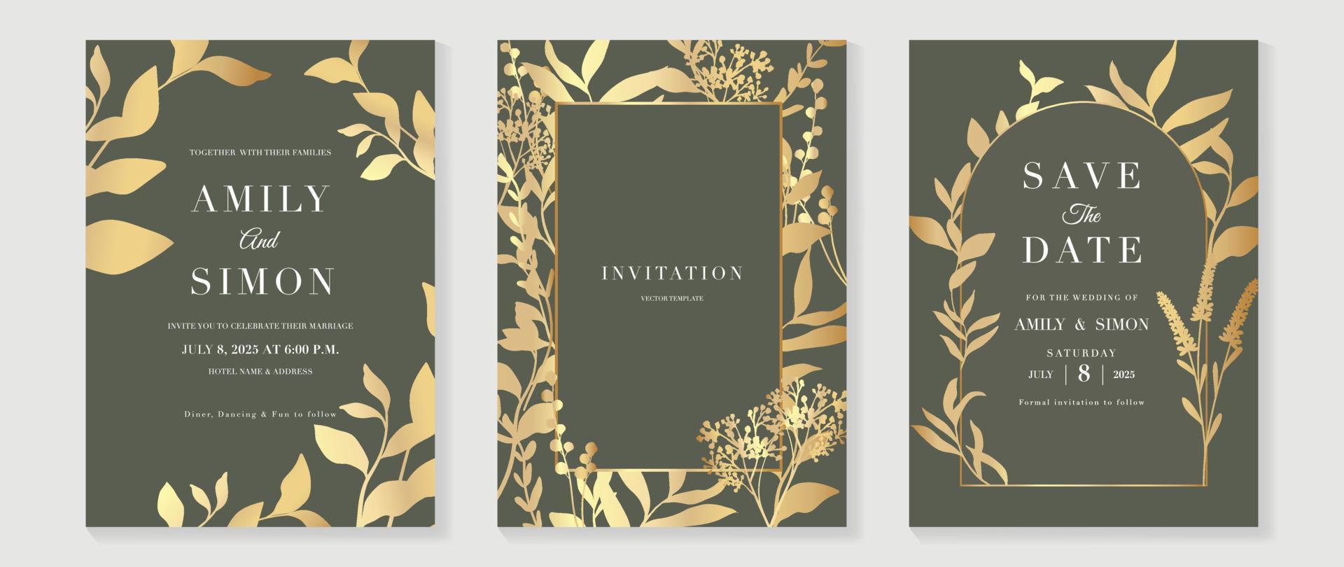 Luxury wedding invitation card background vector. Golden texture botanical floral leaf branch with geometric frame line art template. Design illustration for wedding and vip cover template, banner. vector