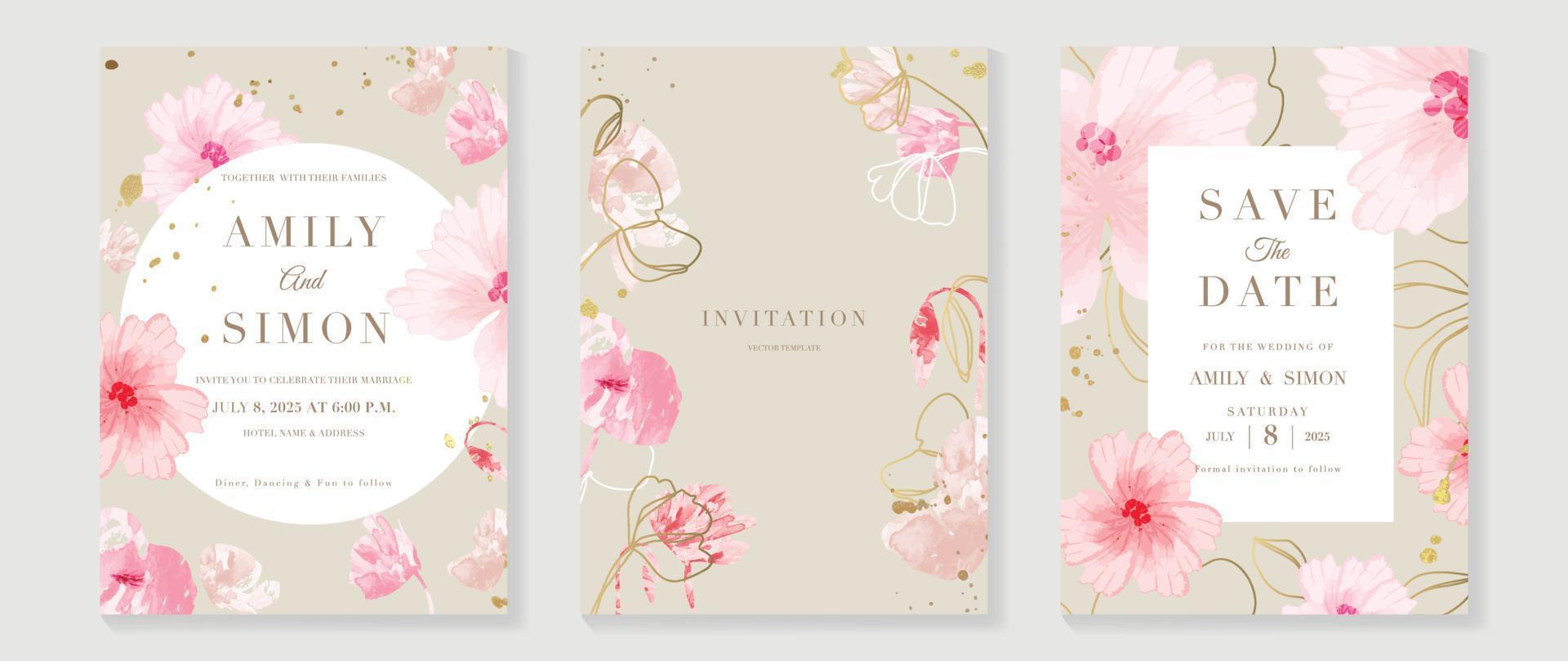 Luxury wedding invitation card background vector. Watercolor blooming flower and golden texture line art with geometric frame template. Design illustration for wedding and vip cover template, banner. vector