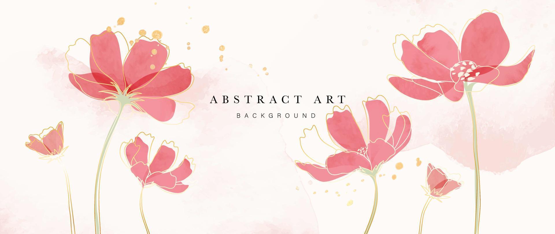 Abstract art background vector. Luxury watercolor flowers with gold line art and ink splatter texture background. Art design illustration for wallpaper, poster, banner card, print, web and packaging. vector