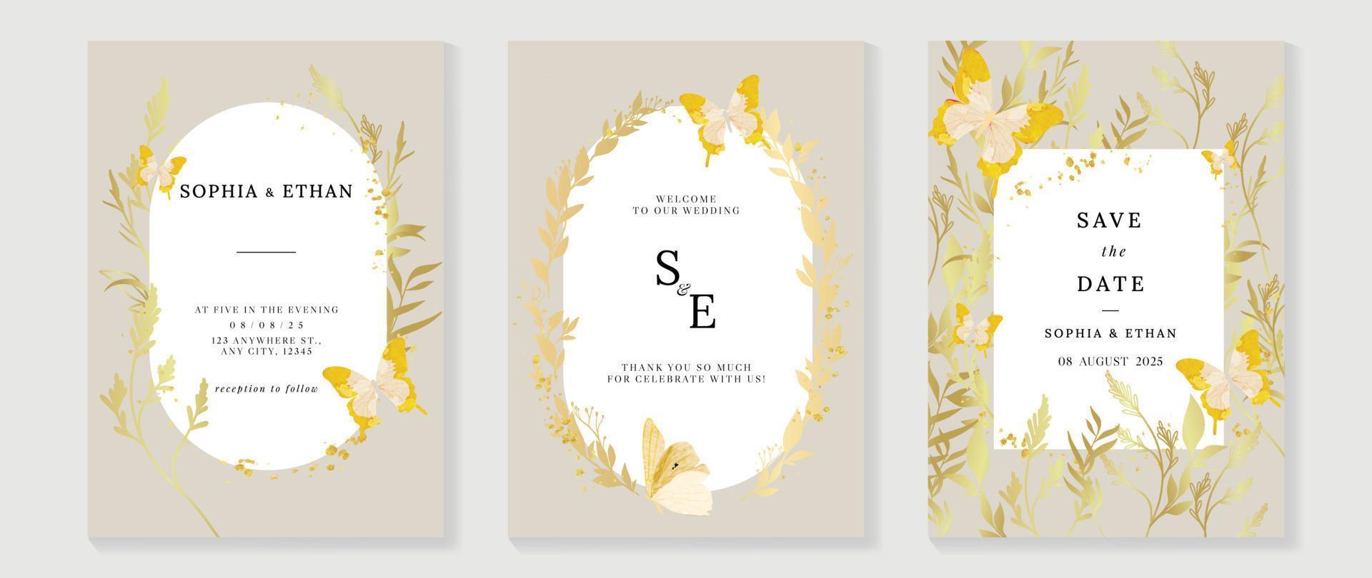 Luxury wedding invitation card background vector. Golden texture botanical leaf branch and butterfly with geometric frame template. Design illustration for wedding and vip cover template, banner. vector