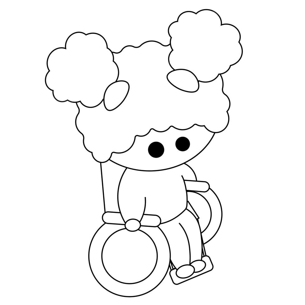 Cartoon cute African girl in a wheelchair in black and white vector