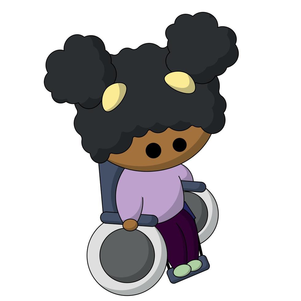 Cartoon cute African girl in a wheelchair in color vector