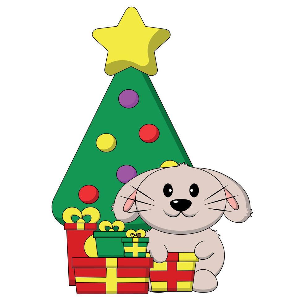 Cute Rabbit and Christmas tree and gift box in color vector