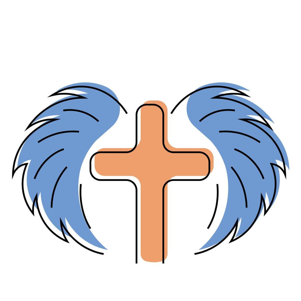 Christian icon Cross and Wings in linear in color vector