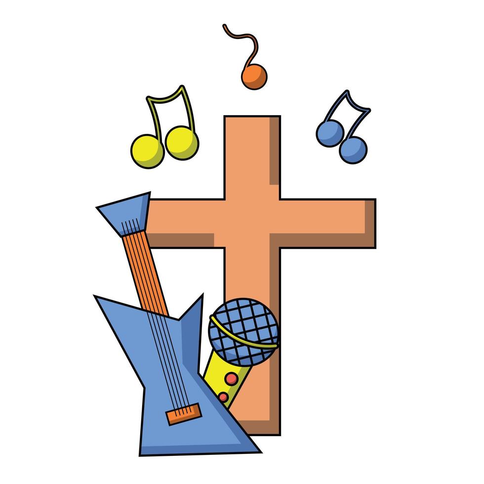 Cross and music microphone and guitar in color vector