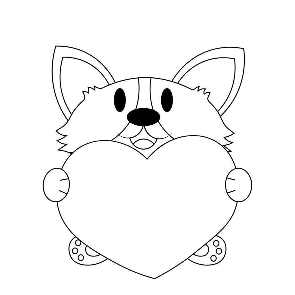 Cute dog Corgi with Heart. Draw illustration in black and white vector