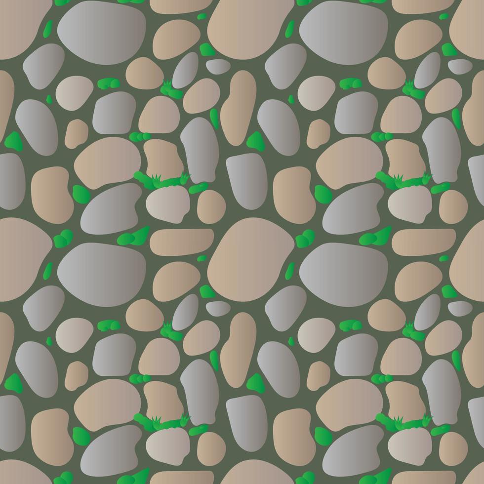 Seamless pattern river stone with moss background for design and decorate. Modern style close up wall stone background, texture, backdrop, tile, wallpaper. Stones vector illustration.