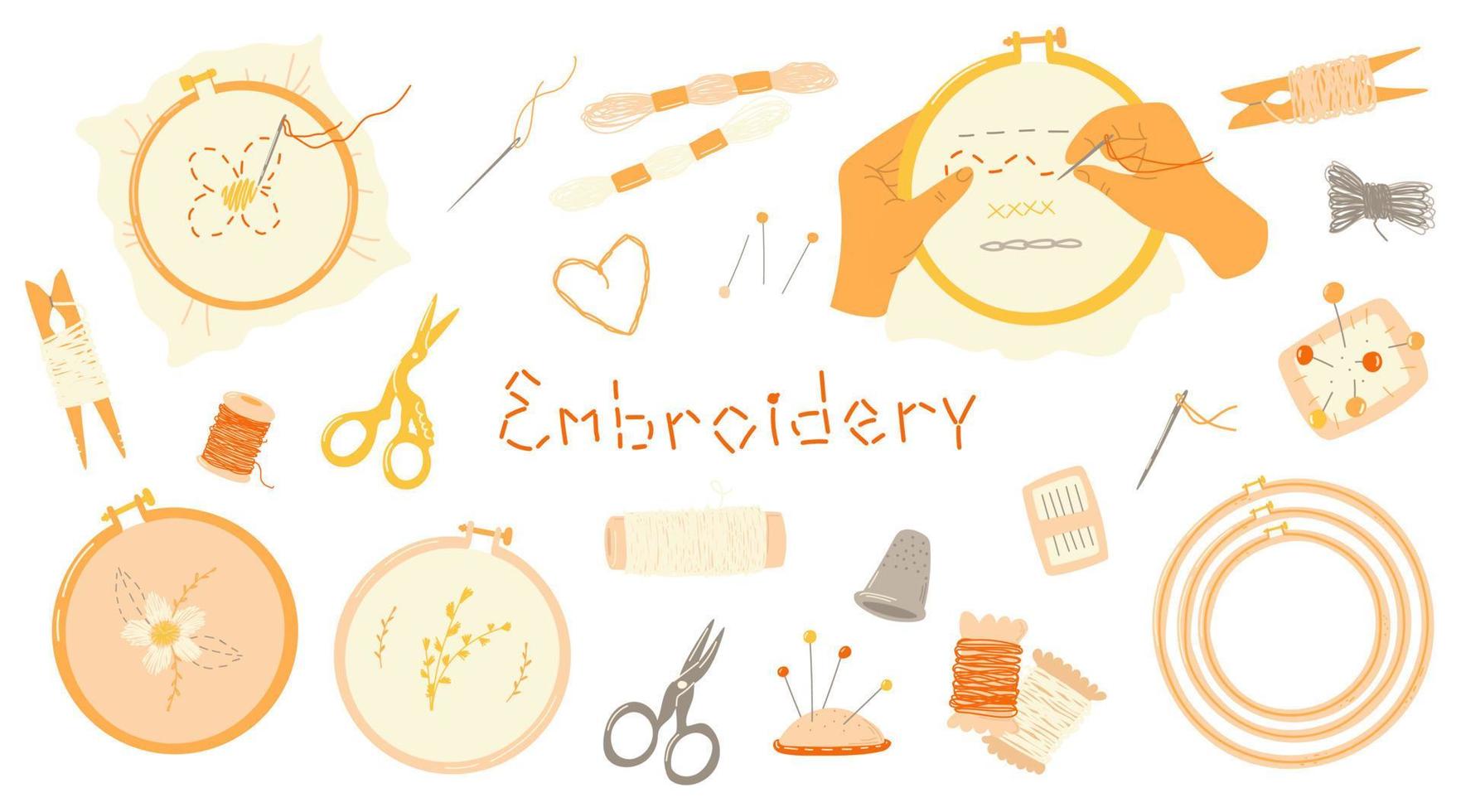 Embroidery materials set. Hoops, threads, needles. DIY items. Vector hand drawn illustration. Handmade set.